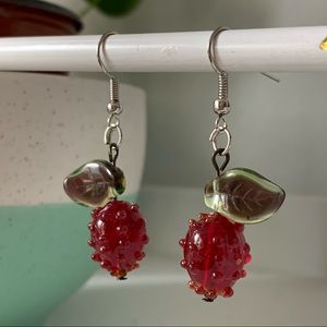 Strawberry with leaf lampwork earrings handmade glass berries botanical nature